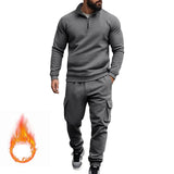 Men's Solid Color Casual Plush Warm Zipper Stand Collar Sweatshirt Sweatpants Set 08038864Y