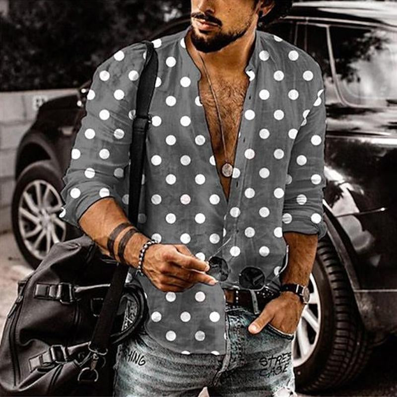 Men's Polka Dot Print Stand Collar Long Sleeve Shirt 00891869X