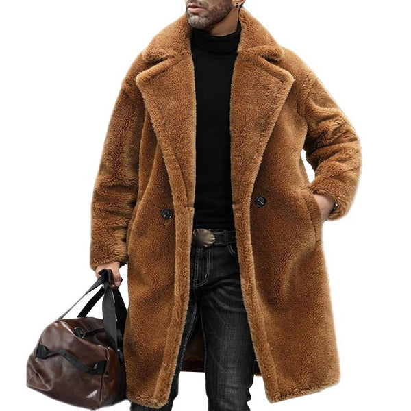 Men's Warm Solid Color Teddy Plush Lapel Long Coat 00244387Y