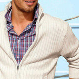 Men's Stand Collar Zipper Striped Knit Cardigan 01910471U