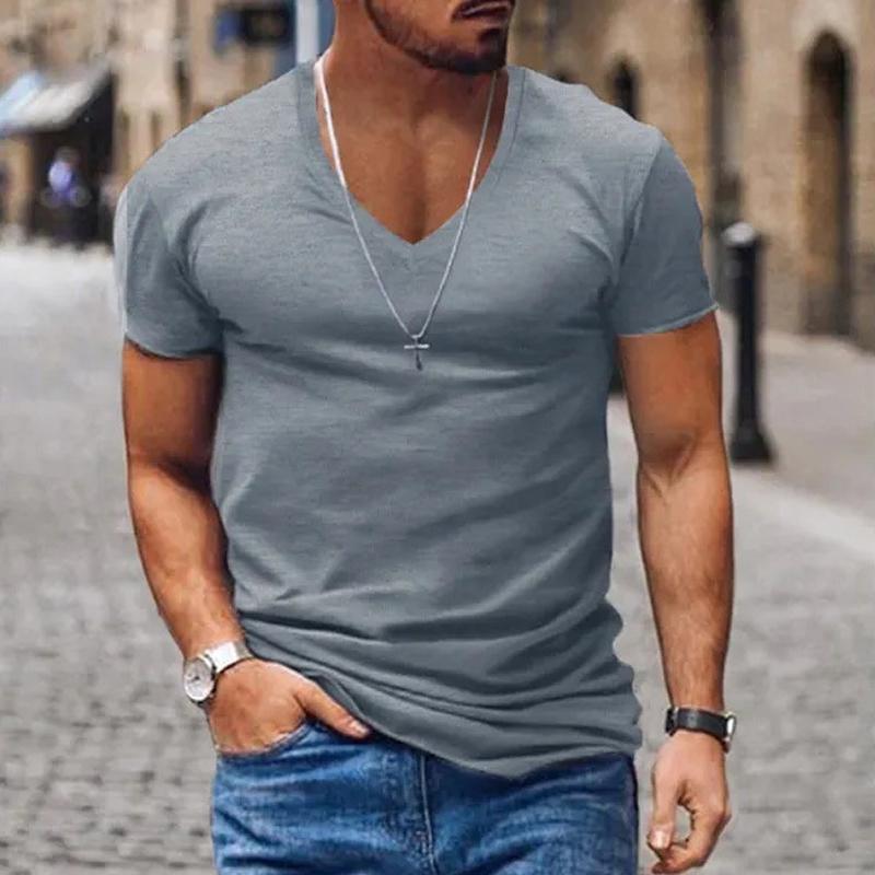 Men's Casual Solid Color V-neck Short-sleeved T-shirt 20302925X