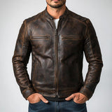 Men's Vintage Distressed Zipper Leather Jacket 57298921U