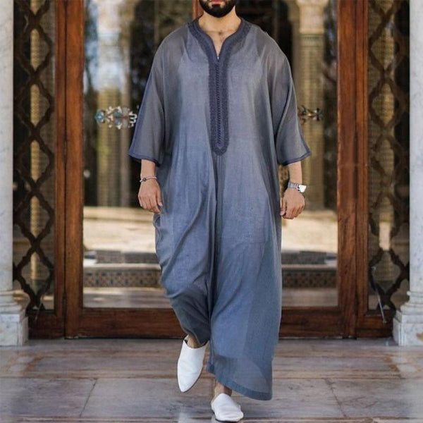 Men's Loose Embroidered Cotton Linen Muslim Thin Robe 75992726Y