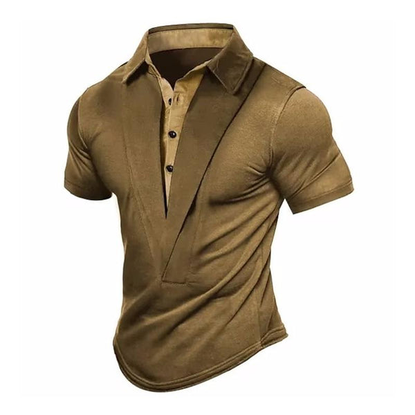 Men's Casual Solid Color Lapel Patchwork Short-Sleeved Polo Shirt 92661689M