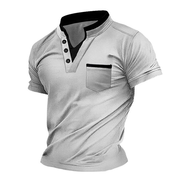 Men's Retro Stand Collar Colorblock Short Sleeve T-Shirt 83539651X