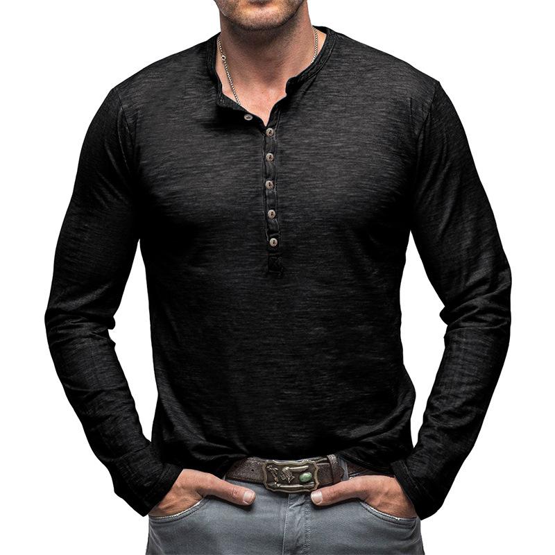 T-shirt da uomo tinta unita a maniche lunghe con colletto Henley in cotone slub 26528737X