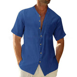 Men's Casual Stand Collar Loose Linen Solid Color Short Sleeve Shirt 84541565M