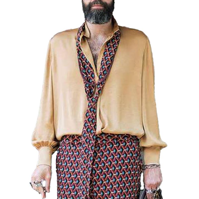 Men's Vintage Solid Satin Lapel Long Sleeve Shirt 92495769Y