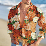 Men's Hawaiian Loose Rose Print Lapel Long Sleeve Shirt 82228008X