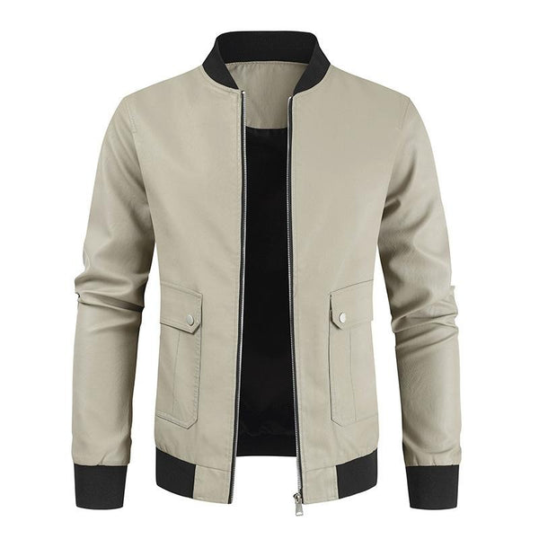 Men's Simple Solid Color Stand Collar Leather Long Sleeve Jacket 81049732Y