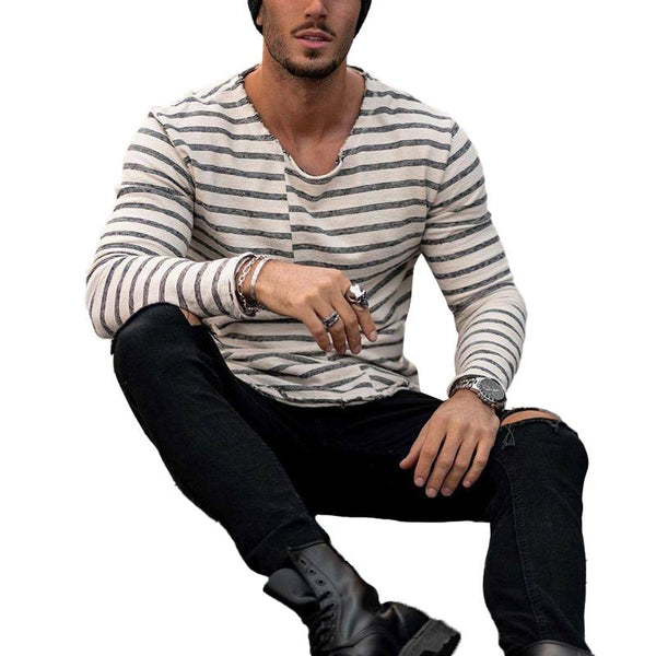 Men's Casual Striped Patchwork Round Neck Long-Sleeved T-Shirt 93176062Y
