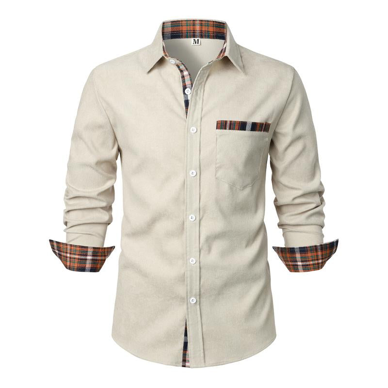 Men's Corduroy Red Plaid Plaid Casual Long-sleeved Shirt 39247459X