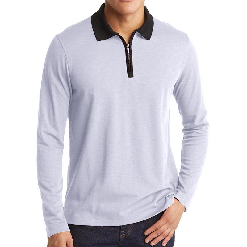 Men's Casual Contrast Lapel Zipper Pullover Long Sleeve Polo Shirt 46906916M