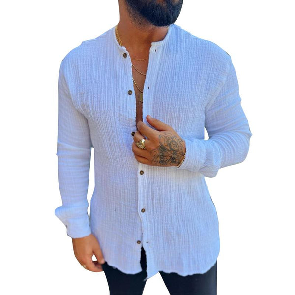 Men's Casual Solid Color Pleated Round Neck Long Sleeve Shirt 28177484Y