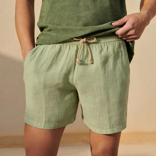 Men's Casual Cotton Linen Blended Elastic Waist Drawstring Shorts 74644672M