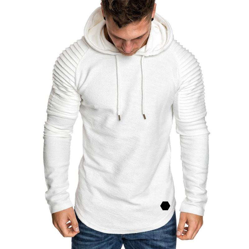 Men's Crew Neck Slim Fit Solid Color Striped Pleated Hoodie 07879431U