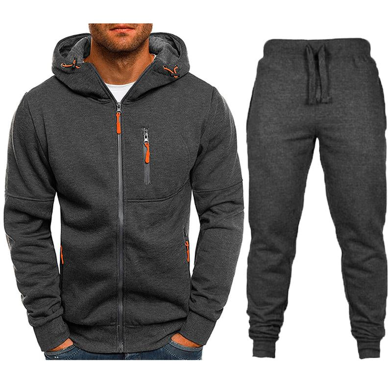 Men's Sports Zip-up Sweatshirt Hooded Trousers Solid Color Two-piece Set 66585624X