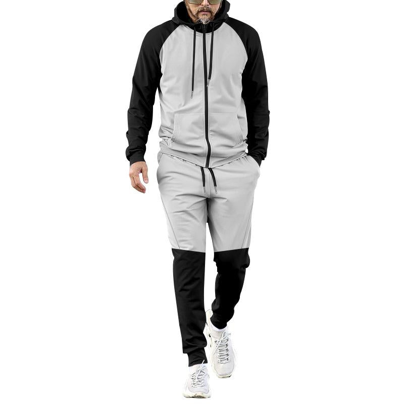 Men's Casual Sports Color-Blocked Zipper Hooded Sweatshirt Elastic Waist Sweatpants Set 35617374M