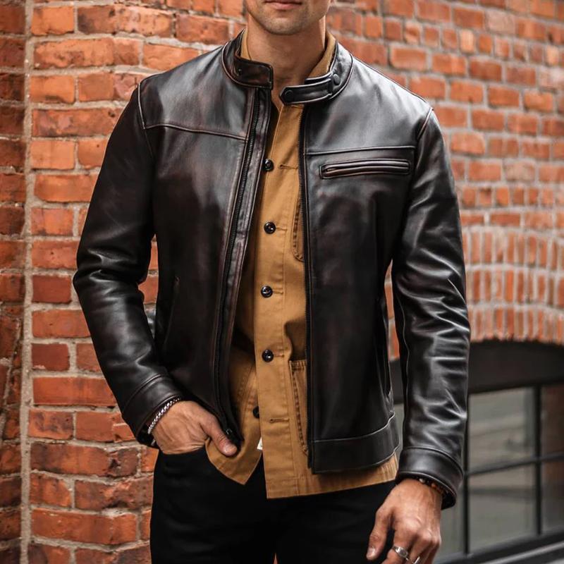 Men's Biker Collar Zip-Up Leather Jacket 51117754X