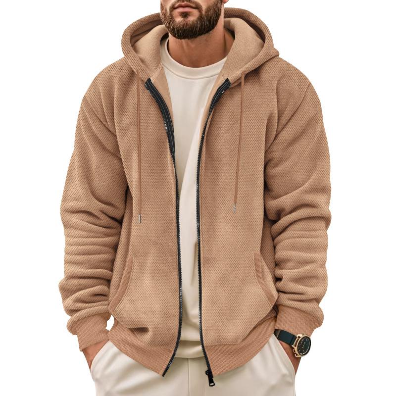 Men's Solid Color Plush Hooded Zipper Casual Jacket 52220748Z