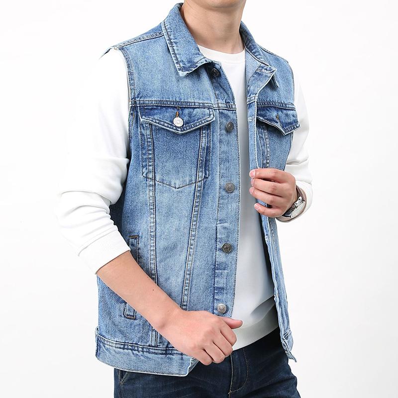 Men's Vintage Wash Lapel Single Breasted Multi Pocket Denim Vest 50562057M