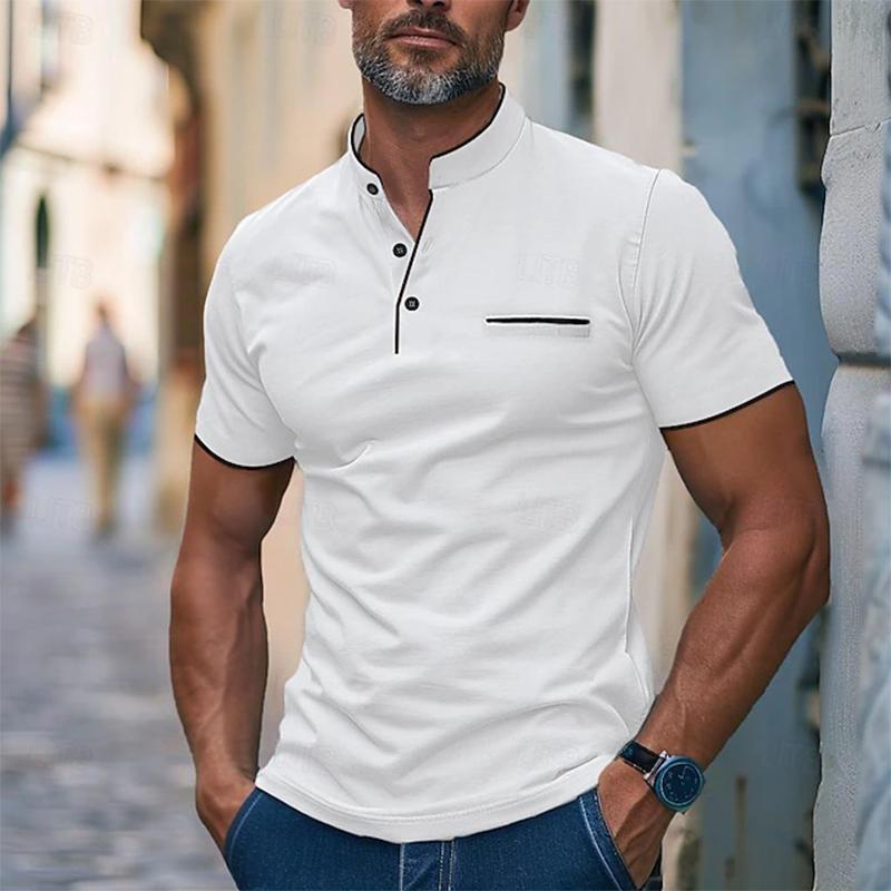 Men's Casual Cotton Blend Contrast Stand Collar Slim Fit Short Sleeve T-Shirt 17576077M