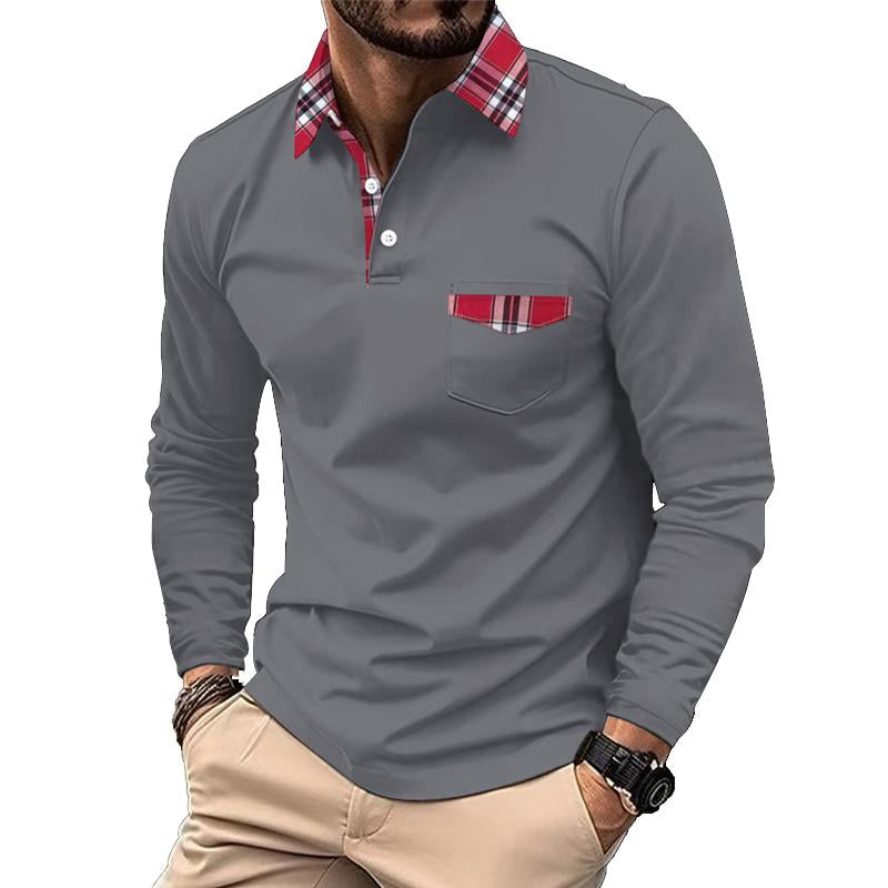 Men's Lapel Plaid Patchwork Long-sleeved Sports Polo Shirt 36877231X