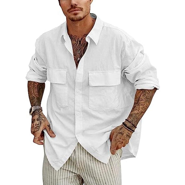 Men's Solid Color Cotton Linen Front Pocket Button Lapel Shirt 60359022X