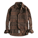 Men's Retro Totem Print Washed Corduroy Patch Pocket Long Sleeve Shirt 45596327M