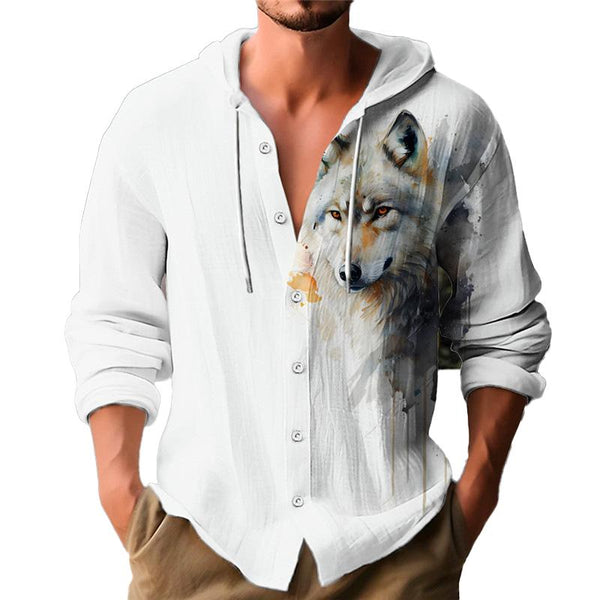 Men's Casual Wolf Print Hooded Long Sleeve Shirt 81155669Y