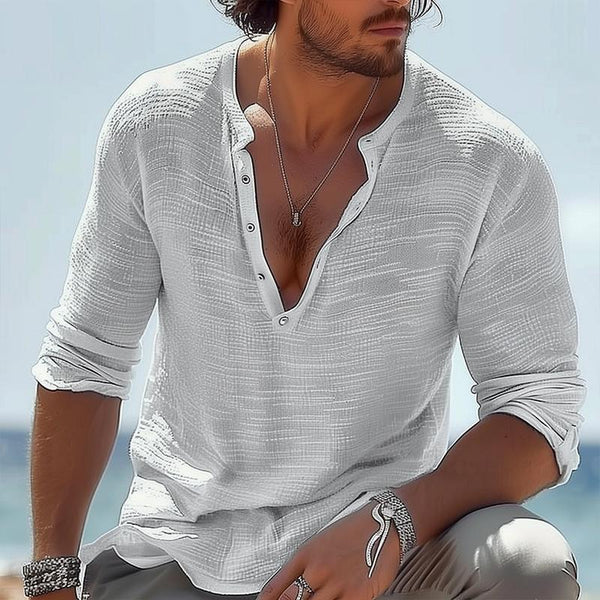 Men's Casual Cotton Linen Henley Collar Loose Long Sleeve T-shirt 84145141M