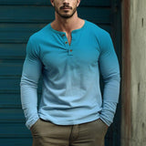 Men's Casual Color Block Gradient Print Henley Neck Long Sleeve T-Shirt 26419822Y