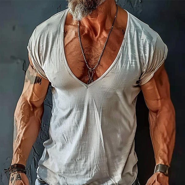 Men's V-neck Retro Solid Color Short-sleeved T-shirt 35954764X