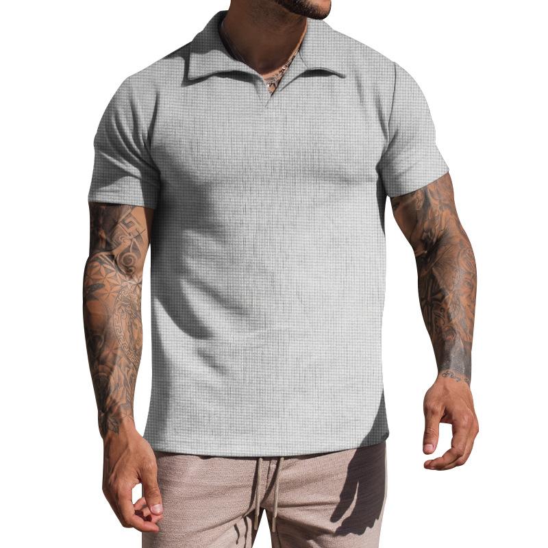 Men's Waffle Loose Short Sleeve Solid Color Casual Lapel Polo Shirt 49265793Z