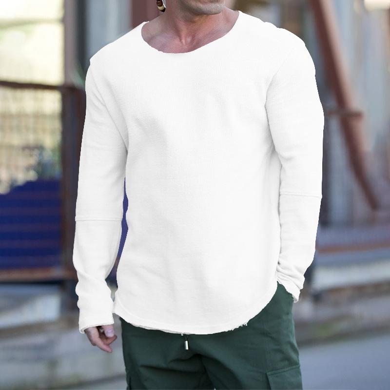 Men's Casual Retro Solid Color Round Neck Long Sleeve T-shirt 04451010TO