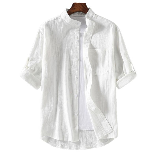 Men's Casual Solid Color Cotton Linen Stand Collar Loose Mid-Sleeve Shirt 41038788M