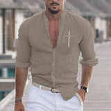 Men's Casual Stand Collar Linen Blend Button Long Sleeve Shirt 78730883M