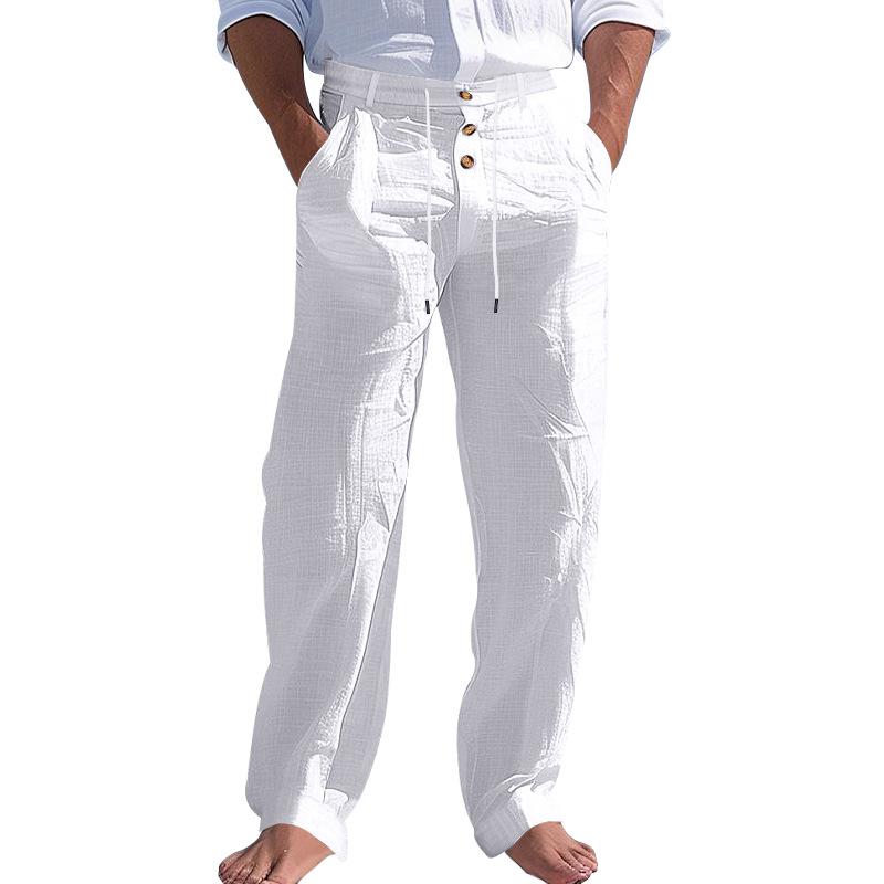 Men's Solid Color Cotton And Linen Buttons Decor Drawstring Waist Casual Pants 58659698Z