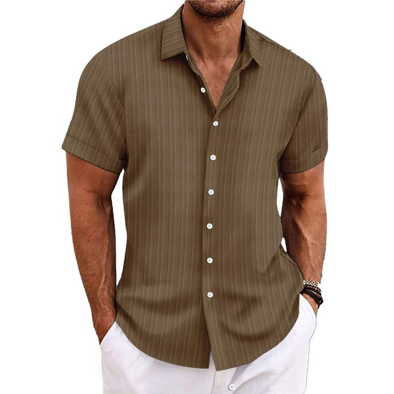 Camicia da uomo in cotone e lino a righe con risvolto, manica corta, ampia, 89995369X