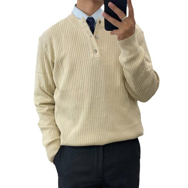 Men's Solid Striped Henley Collar Long Sleeve Knit T-shirt 40534935Z