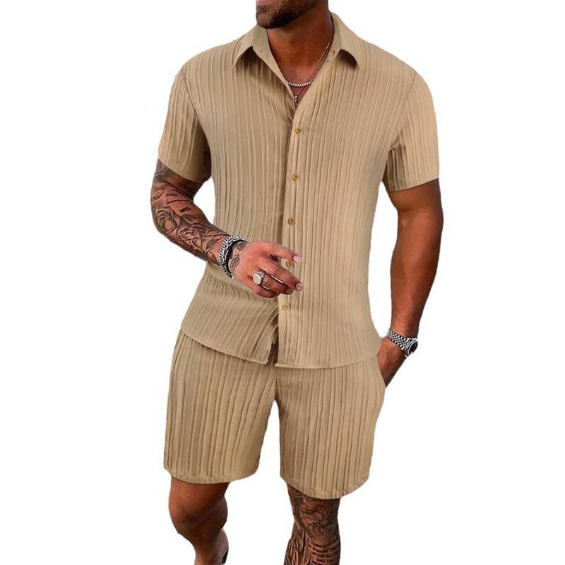 Solid Striped Lapel Short Sleeve Shorts Casual Set 63428764X