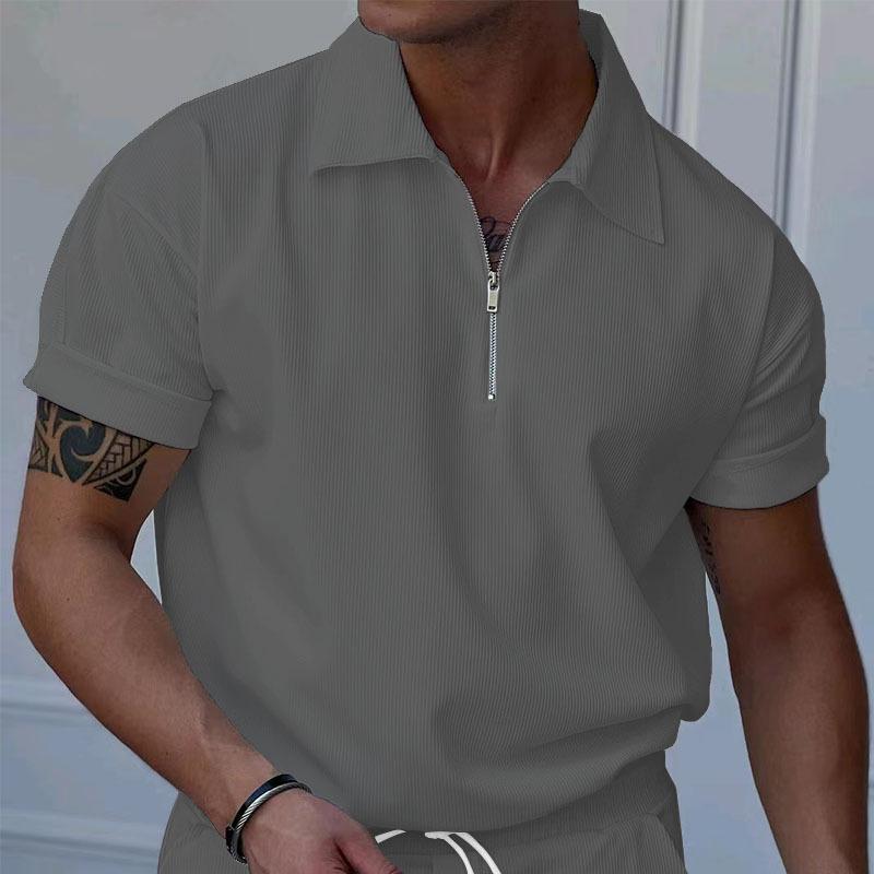 Men's Solid Color Zipper Lapel Short Sleeve Polo Shirt 47900104Y