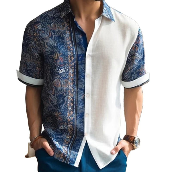 Men's Printed Slub Linen Loose Casual Shirt 96820161X