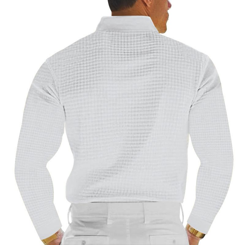 Men's Casual Waffle Lapel Button-Down Long Sleeve Polo Shirt 09965418M