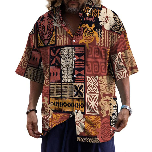 Men's Casual Hawaiian Tiki Mask Lapel Short Sleeve Shirt 12858076TO