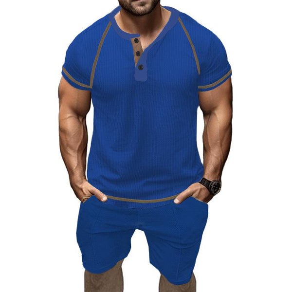 Men's Solid Waffle Raglan Short Sleeve T-shirt Shorts Casual Set 44385223Z