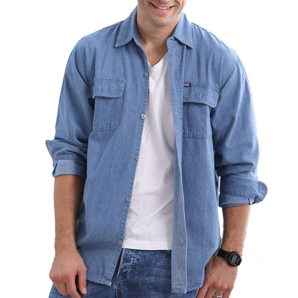 Men's Casual Solid Color Lapel Long Sleeve Denim Shirt 65339222M