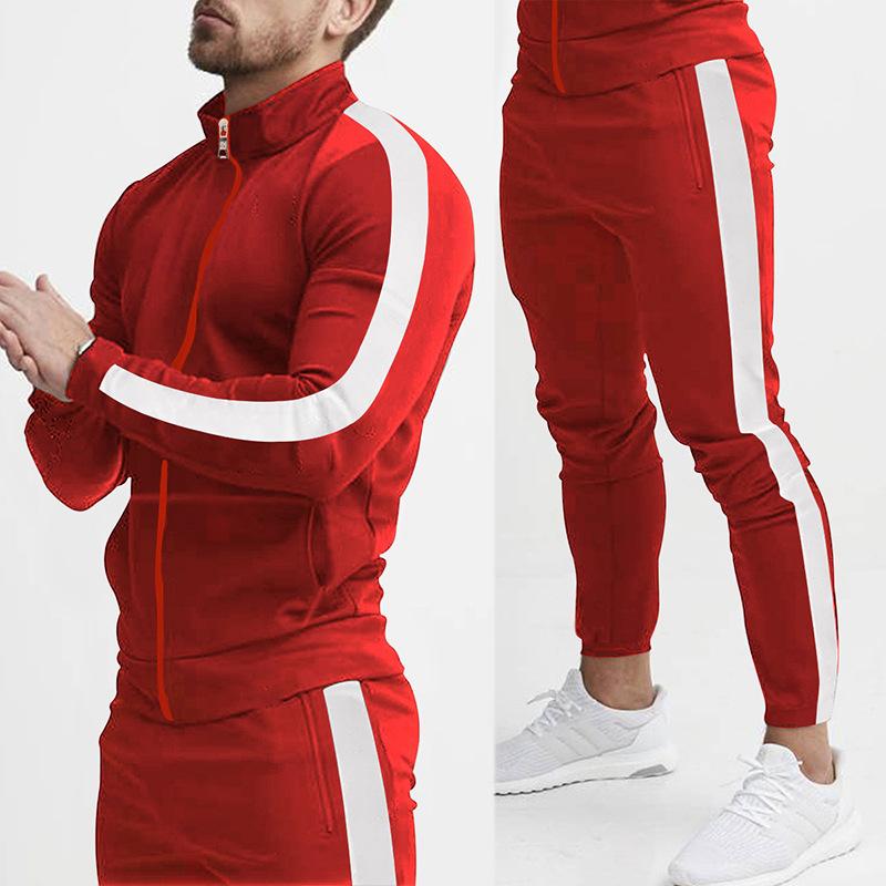 Men's Color Block Zipper Jacket Trousers Sports Casual Set 46420153Z