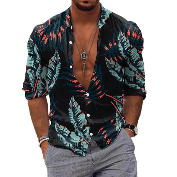 Men's Palm Leaf Print Casual Long Sleeve Lapel Shirt 43983750X