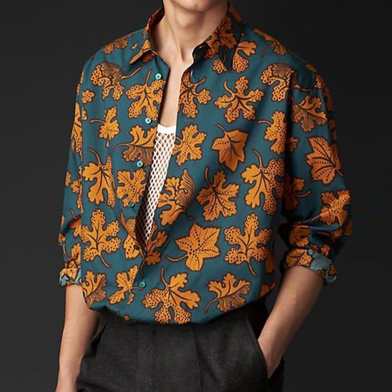 Men's Retro Contrast Maple Leaf Print Lapel Long Sleeve Shirt 98081892M